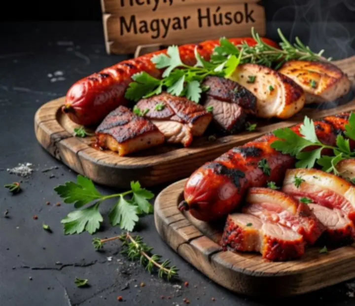 Közelkép lassan sült, fa­tüzelésű grill fogásról ipari, sötét tálalásban