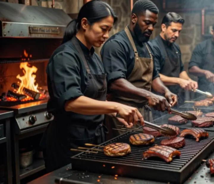 Grillmesterek csapata fátüzelős grill fölött dolgozik az Urbanactivityhub ipari konyhájában.