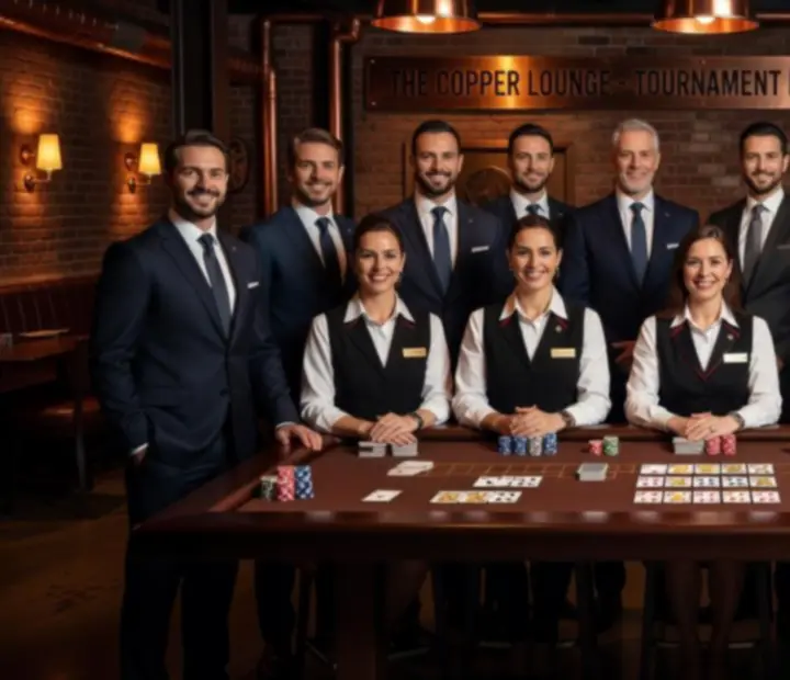 Házigazdák és croupierek egy kártyaasztalnál a lounge-ban