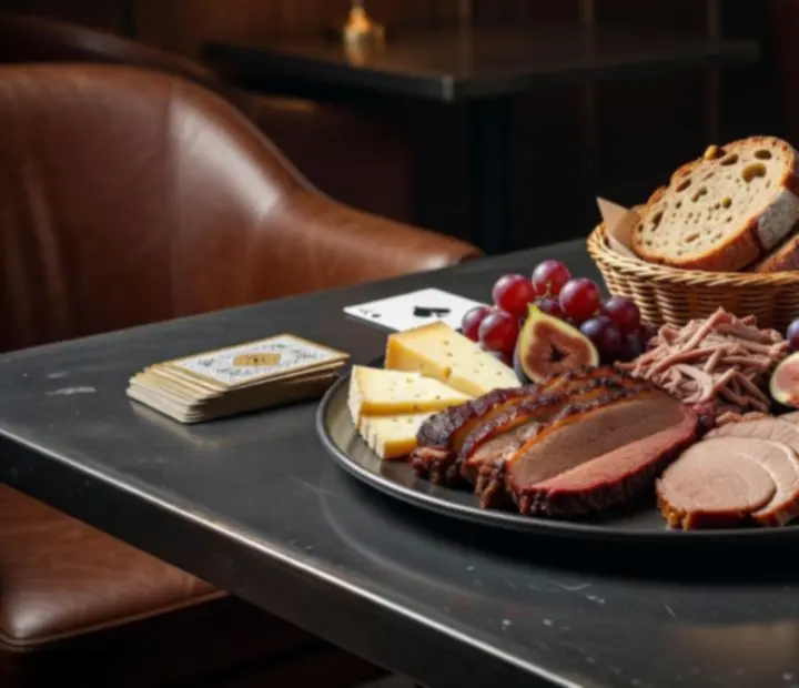 Gourmet falatok és válogatott borok egy sötét lounge asztalon