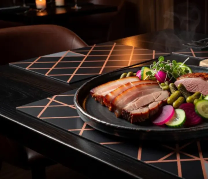 Mangalica hússal és köretekkel megpakolt tál, faszenes grill jegyekkel