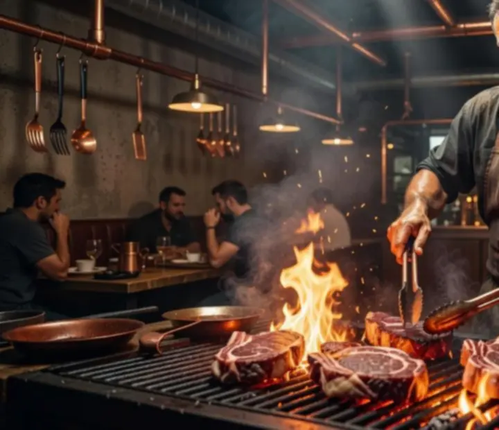 Pitmaster a faszenes grill felett, lángokkal és parázsló keményfa parazsakkal