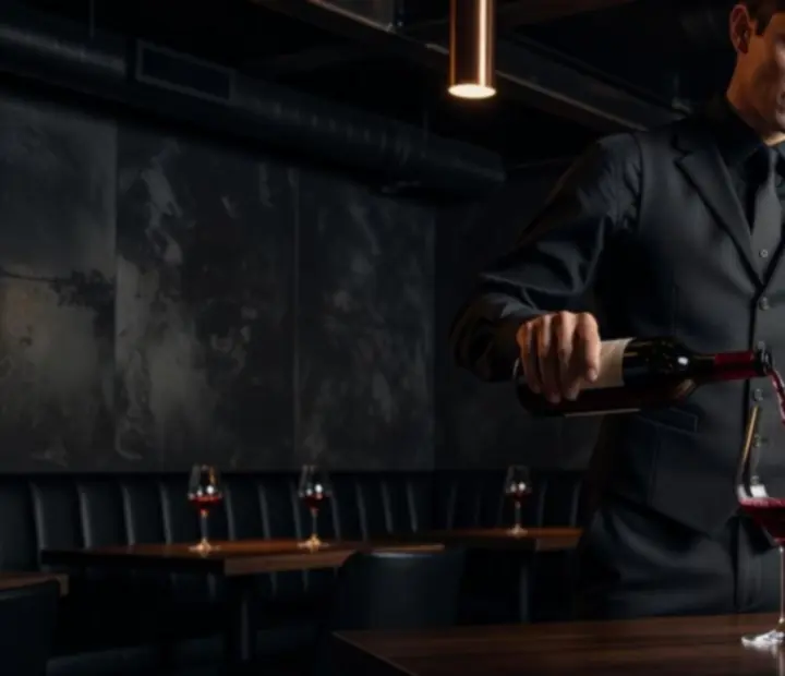 Sommelier bort tölt vendég poharába az Urbanactivityhub sötét, ipari hangulatú terében