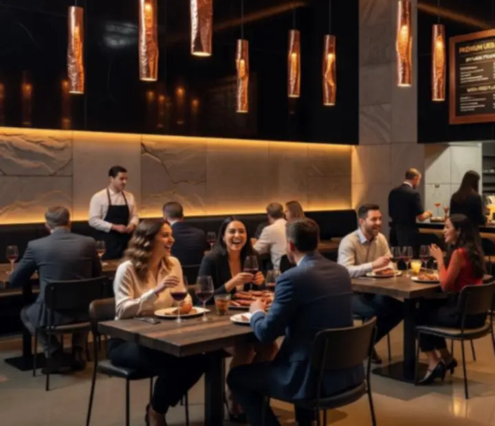 Sötét, ipari, urbánus belső tér, réz fényekkel és fátüz grill hangulattal az Urbanactivityhubban.