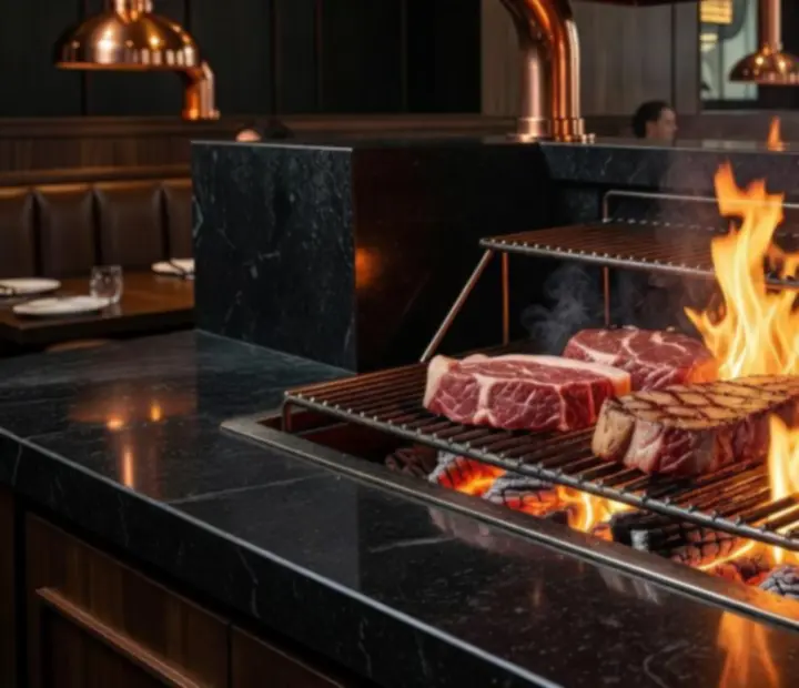 Fátüzelős grillen készülő lassan sült húsok az Urbanactivityhub nyílt konyhájában.