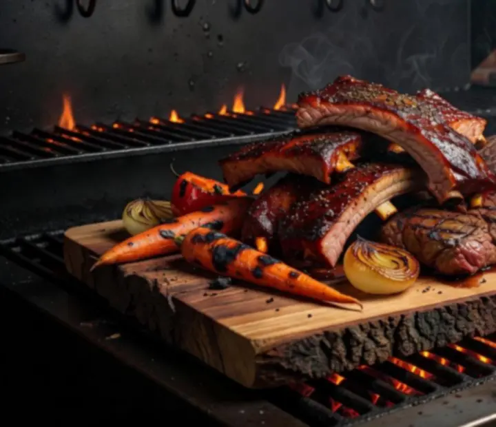 Faszenes grill lakoma fa tálon, lassan sült húsokkal és magyar köretekkel